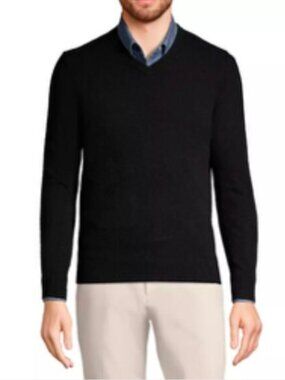 LANDS END Black 100% Cashmere V Neck Pullover Sweater Lg